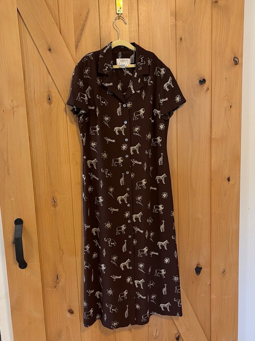 Vintage Talbots Brown Dress Size 6P African Safari Lion Birds Flowers Resort